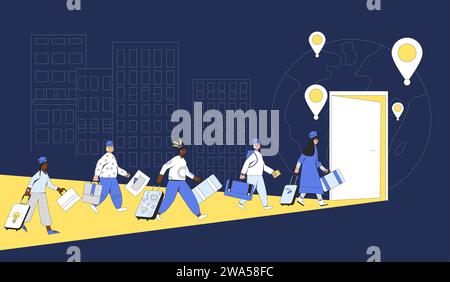 Programma di immigrazione per laureati. Opportunità di ottenere metafora dell'istruzione. Studia all'estero. Scambio studentesco internazionale. Permesso di soggiorno straniero gra Illustrazione Vettoriale