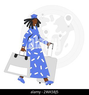 Metafora della fuga dei cervelli. Programma di immigrazione per laureati. Opportunità di studio e lavoro all'estero per lavoratori qualificati. Visto per ottenere l'istruzione. Outlin vettoriale Illustrazione Vettoriale