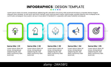 Modello infografico con 5 opzioni o passaggi. Linea e quadrati. Può essere utilizzato per layout del flusso di lavoro, diagrammi, webdesign. Illustrazione vettoriale Illustrazione Vettoriale