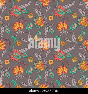 Motivo senza cuciture con fiori stilizzati in stile indiano e foglie su un retro grigio Illustrazione Vettoriale