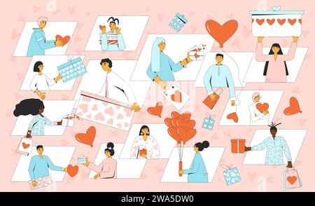 Scambio di regali virtuali per San Valentino. Gruppo di persone che danno e ricevono regali. Amate le festività. Amici con scatole regalo a forma di cuore. Illustrazione Vettoriale
