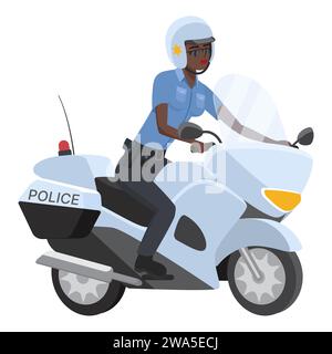 Vista frontale della polizia nera in moto. Agente di polizia su illustrazione vettoriale dei cartoni animati motociclistici Illustrazione Vettoriale