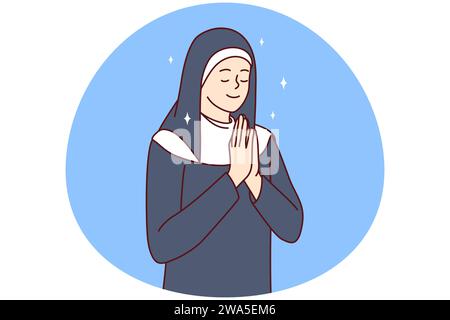 Donna positiva nei vestiti della suora cattolica che chiude gli occhi che prega girandosi a Dio per aiuto o consiglio. La ragazza che prega con le palme attaccate davanti al petto esegue il rituale religioso. Illustrazione del vettore piatto Illustrazione Vettoriale