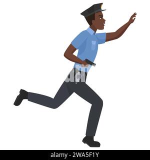 Poliziotto nero che insegue con la pistola. Ufficiale maschio africano con illustrazione vettoriale di cartoni animati con armi Illustrazione Vettoriale