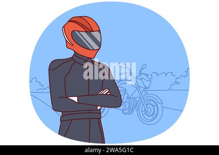 Motociclista in abbigliamento per motociclette da equitazione professionali e casco protettivo che copre viso e occhi. Umano con la moto per le corse estreme si alza su strada e guarda in lontananza. Disegno vettoriale piatto Illustrazione Vettoriale