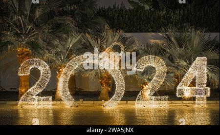 Buon anno 2024. Numero 2024 scintillanti scritti isolati sullo sfondo delle palme con spazio di copia per il testo. Overlay tem luminoso e creativo Foto Stock