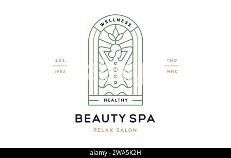 Etichetta salone di bellezza e relax. Modello minimalista con logo line art. Distintivo per il salone di bellezza e massaggi grafici dal design semplice e moderno. Icona della linea del simbolo, insegna spa Salon. Illustrazione vettoriale Illustrazione Vettoriale