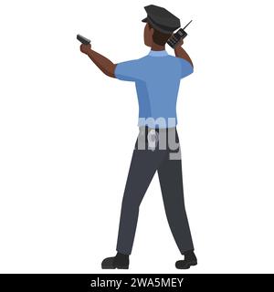 Vista posteriore del poliziotto nero che punta con la pistola. Ufficiale maschio africano con illustrazione vettoriale dei cartoni animati walkie talkie Illustrazione Vettoriale