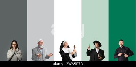 Collage di rappresentanti di diverse religioni su sfondo colorato Foto Stock