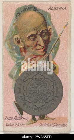 Caricaturato algerino, Zudi-Budshu, dalla serie Coins of All Nations (N72, Variation 2) per le sigarette Duke 1963 di W. Duke, Sons & Co.. Foto Stock