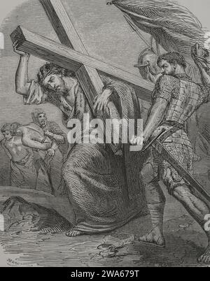 Nuovo Testamento. Passione di Cristo. Sulla pista per il Calvario. Incisione. "Los Heroes y las Grandezas de la Tierra". Volume I. 1854. Foto Stock