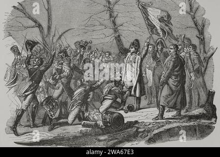 Napoleone Bonaparte (1769-1821). Imperatore di Francia (1804-1815). Il 26 febbraio 1815 Napoleone fuggì dall'isola d'Elba, iniziando il periodo noto come cento giorni. Nel 1814 fu confinato sull'isola perché il Congresso di Vienna decise di restaurare la monarchia borbonica in Francia. Il ritorno di Napoleone dall'Elba. Incisione. Los Heroes y las Grandezas de la Tierra. Incisione. Volume V. 1855. Foto Stock