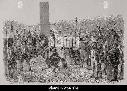 Rivoluzione francese del 1848. I parigini presero le armi il 23 e 24 febbraio 1848, portando all'abdicazione di re Luigi Filippo i (1773-1850). La folla che assalì le Tuileries il 24 febbraio 1848, il rifiuto del re di concedere il suffragio universale. Luigi Filippo i e la sua famiglia fuggono da Parigi. Incisione di E. Coppin e Trichon. Los Heroes y las Grandezas de la Tierra. Volume V, 1855. Foto Stock