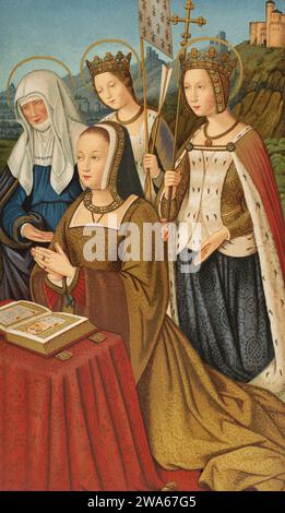 Anna di Bretagna (1477-1514). Duchessa di Bretagna e regina consorte di Francia (1491-1498, 1499-1514). Dietro di lei, da sinistra a destra: Sant'Anna (patrona della Regina e del Ducato di Bretagna), Sant'Orsola e Santa Margherita. Cromolitografia dopo una miniatura in "Les Grandes Heures d'Anne de Bretagne" (Grandes Heures di Anna di Bretagna), fine XV secolo. "Vie Militaire et Religieuse au Moyen Age et a l'Epoque de la Renaissance". Parigi, 1877. Foto Stock