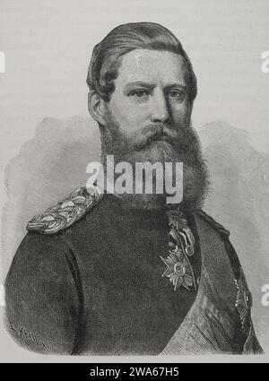 Federico III (1831-1888). Secondo imperatore tedesco e ottavo re di Prussia per poco più di tre mesi (dal 9 marzo al 15 giugno 1888), a causa della sua morte per cancro alla laringe. Come principe ereditario prese parte come generale alla guerra franco-prussiana, comandando il III esercito tedesco. Ritratto. Incisione di E. Krell. "Historia de la Guerra Franco-Alemana de 1870-1871". Pubblicato a Barcellona, 1891. Foto Stock