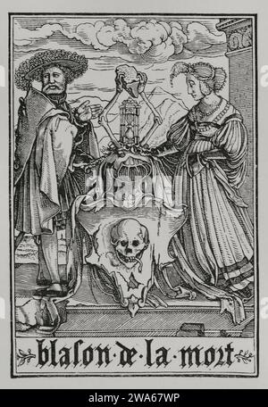 Lo stemma della morte. Una coppia sposata appartenente alla nobiltà mostra l'emblema della morte. Facsimile di un'incisione appartenente alla serie "la danza della morte" di Hans Holbein il giovane, in "Les Simulachres et Histoires facees de la Mort", 1538. "Vie Militaire et Religieuse au Moyen Age et a l'Epoque de la Renaissance". Parigi, 1877. Foto Stock