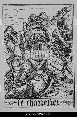 Il Waggoner. Uno scheletro che rovescia e distrugge il carro di legno. Facsimile di un'incisione appartenente alla serie "la danza della morte" in "Les Simulacres de la Mort et Histoires facees de la Mort", edizione latina, 1547. "Vie Militaire et Religieuse au Moyen Age et a l'Epoque de la Renaissance", Parigi, 1877. Foto Stock