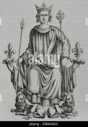 Carlo VI di Francia (1368-1422). Re di Francia (1380-1422). Il monarca sul suo trono. Incisione dopo una miniatura da 'Rois de France', 16th ° secolo. 'Les Arts au Moyen Age et a l'Epoque de la Renaissance', di Paul Lacroix. Parigi, 1877. Foto Stock