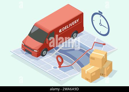 Logistica e consegna isometrica. Consegna gratuita, Express, a domicilio o veloce. Società di consegna. Consegna a casa e in ufficio. Logistica urbana. Illustrazione Vettoriale