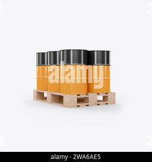 Barili di olio con Pallet Mockup isolati su sfondo bianco 3D Rendering Foto Stock