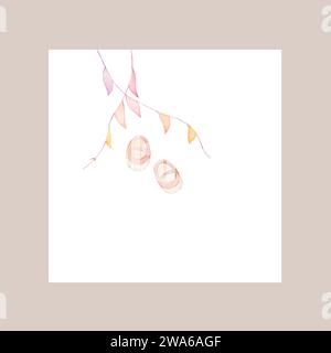 Carta Gentle Pink Baby. Illustrazione dell'annuncio della nascita del bambino. Scarpe per bambini acquerello dipinte a mano. Welcome Baby Girl Card Foto Stock