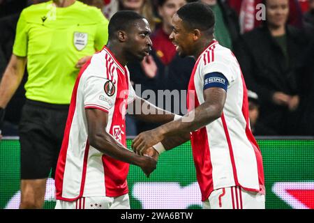 Carlos BORGES di Amsterdam festeggia il suo gol con Steven BERGWIJN di Amsterdam durante la partita di calcio UEFA League Europa, gruppo B tra l'Ajax Amsterdam e l'Olympique de Marseille il 21 settembre 2023 allo stadio Johan Cruijff Arena di Amsterdam, Paesi Bassi - foto Matthieu Mirville / DPPI Foto Stock