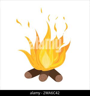 Illustrazione Camping Hot Bonfire Flat. isolato su sfondo bianco. Campeggio, zaino con spalla, foresta, escursioni. Per progettazione, Web, stampa, libro. Illustrazione Vettoriale