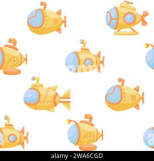 Simpatico motivo per bambini senza cuciture con sottomarini. Texture creative per bambini per tessuti, rivestimenti, tessuti, carta da parati, abbigliamento. Illustrazione vettoriale. Illustrazione Vettoriale
