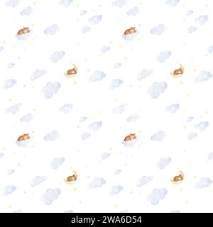 Modello vivaio per animali acquerelli. Children Night Sky. Sfondo bambini acquerello. Animali senza cuciture motivo sfondo bianco Foto Stock