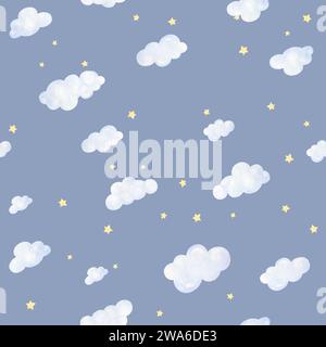 Schema bambini Watercolor Night Sky. Acquerello disegnato a mano Night Sky. Motivo senza cuciture sfondo blu Foto Stock