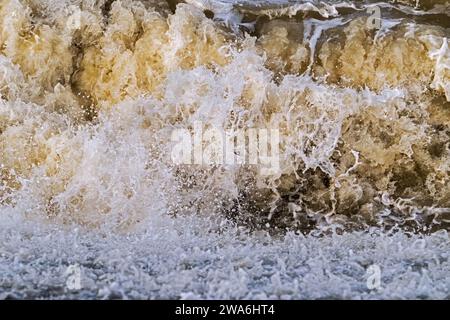 Onde che si infrangono/rotolano su una spiaggia sabbiosa che mostra acque marroni e torbide con sabbia durante la tempesta invernale lungo la costa del Mare del Nord in Zelanda, Paesi Bassi Foto Stock