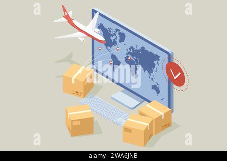 Isometric Global Logistics Network. Consegna puntuale. Pannello interattivo per il tracciamento online del carico. Illustrazione Vettoriale