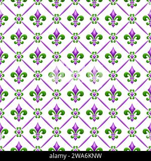 Vector Fleur de Lis Seamless Pattern, sfondo ripetuto con illustrazioni del motivo a reticolo e fleur de lis verde nelle celle rombo, poste quadrate Illustrazione Vettoriale