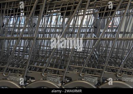 Manacor, Spagna; 02 gennaio 2024: Carrelli della catena internazionale di supermercati Lidl. Manacor, isola di Maiorca, Spagna Foto Stock