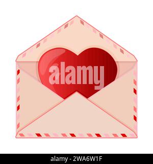 Busta rosa con cuore rosso all'interno isolato su sfondo bianco. Lettera romantica con cuore o messaggio d'amore in busta per San Valentino. Sii mio Illustrazione Vettoriale