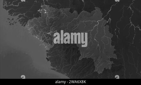 La Guinea è evidenziata su una mappa di elevazione in scala di grigi con laghi e fiumi Foto Stock