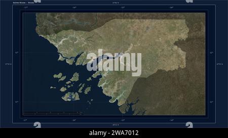 La Guinea-Bissau è stata evidenziata su una mappa satellitare a bassa risoluzione con la capitale del paese, la griglia cartografica, la scala di distanza e il confine della mappa Foto Stock