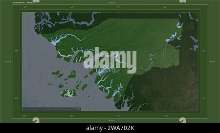 Guinea-Bissau evidenziata su una mappa di elevazione color pallido con mappa di laghi e fiumi con la capitale del paese, griglia cartografica, scal di distanza Foto Stock