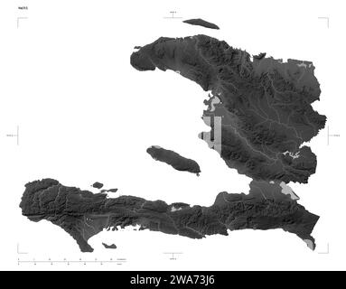 Forma di una mappa di elevazione in scala di grigi con laghi e fiumi di Haiti, con scala di distanza e coordinate di confine della mappa, isolati su bianco Foto Stock