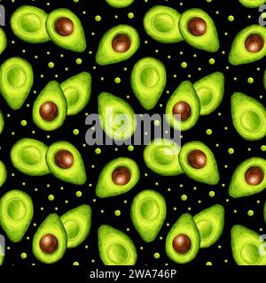 Motivo avocado senza cuciture. Avocado frutta fresca tropicale disegno ad acquerello illustrazione digitale. Sfondo nero Foto Stock