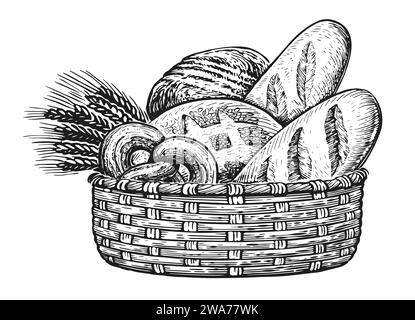 Prodotti da forno freschi nel cestino. Illustrazione vintage di pane e orecchie di grano Illustrazione Vettoriale