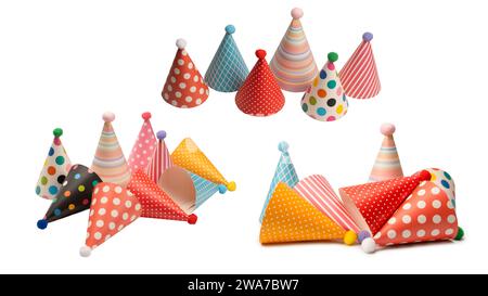 Un gruppo di vivaci e colorati cappellini di compleanno isolati su uno sfondo bianco. Vacanze cocept. Foto Stock