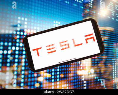 Konskie, Polonia - 2 gennaio 2024: Logo aziendale Tesla visualizzato sullo schermo del telefono cellulare Foto Stock