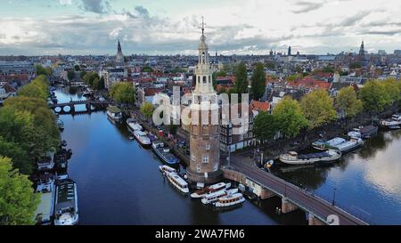 Drone foto Montelbaanstoren Amsterdam Paesi Bassi Europa Foto Stock