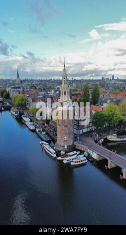 Drone foto Montelbaanstoren Amsterdam Paesi Bassi Europa Foto Stock