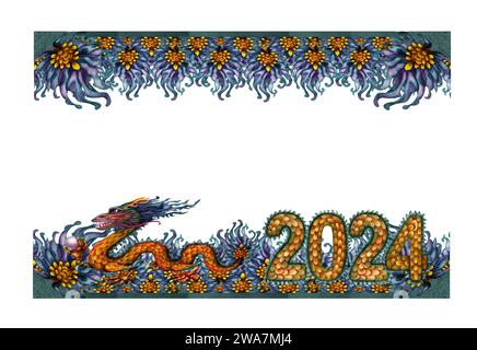 Bordi di acquerello con drago di legno verde con perla magica e numeri 2024 disegnati a mano con trama in scala di drago. Illustrazione del simbolo del Capodanno lunare Foto Stock