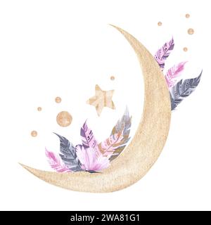 Luna a mezzaluna viola con fiori e piume. Boho vintage design per tatuaggio donna. Illustrazione bohémien ad acquerello Foto Stock