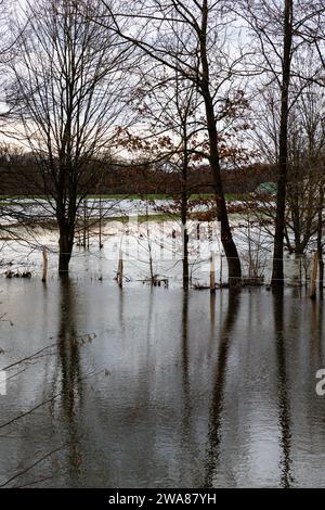 Il fiume Lippe ha fatto irruzione sulle sue sponde. L'acqua alta ha inondato un campo. Gli alberi si riflettono nell'acqua. Foto Stock