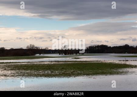 Il fiume Lippe ha fatto irruzione sulle sue sponde. L'acqua alta ha inondato un campo. Foto Stock