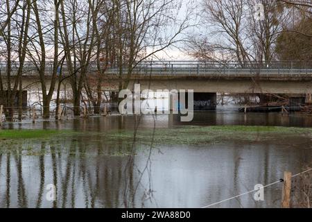 Il fiume Lippe ha fatto irruzione sulle sue sponde. L'acqua alta ha inondato un campo. Gli alberi si riflettono nell'acqua. Foto Stock